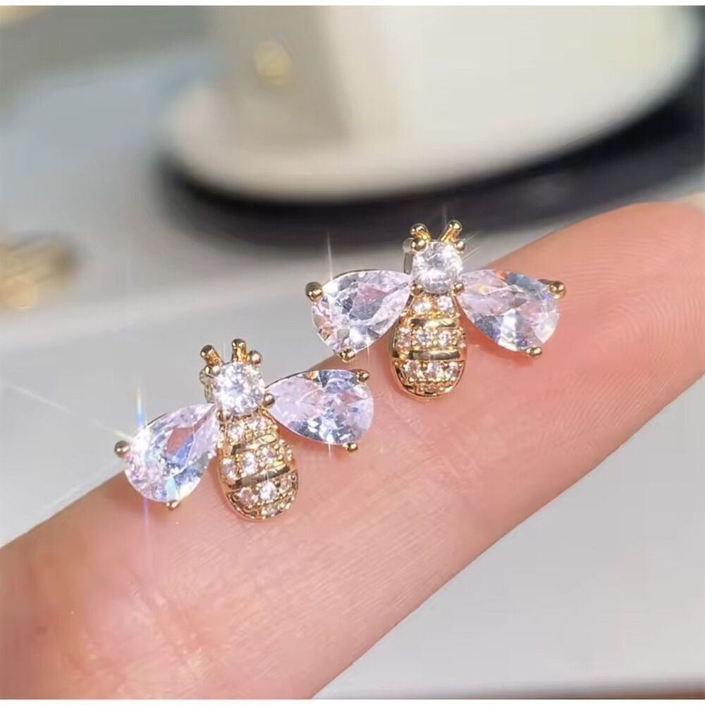 Gold-Tone Bee Stud Earrings Cubic Zirconia Chic Party Gift Birthday